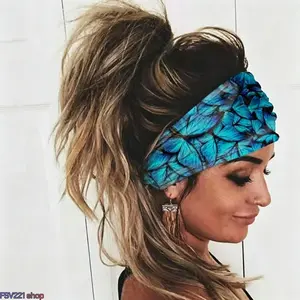5-Pack Bohemian Butterfly Print Wide Non-Slip Elastic Turban Headbands, Stretchy Head Wraps for Sports, Workout, Yoga