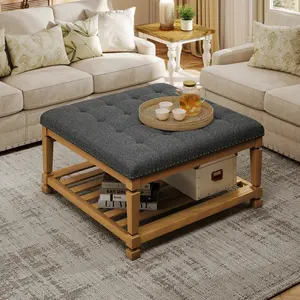 【Summervibes】32''Large Square Ottoman Coffee Table, Linen Solid Upholstered Footrest Ottoman with Solid Wood Shelf Storage Tufted Coffee Table for Bedroom Living Room