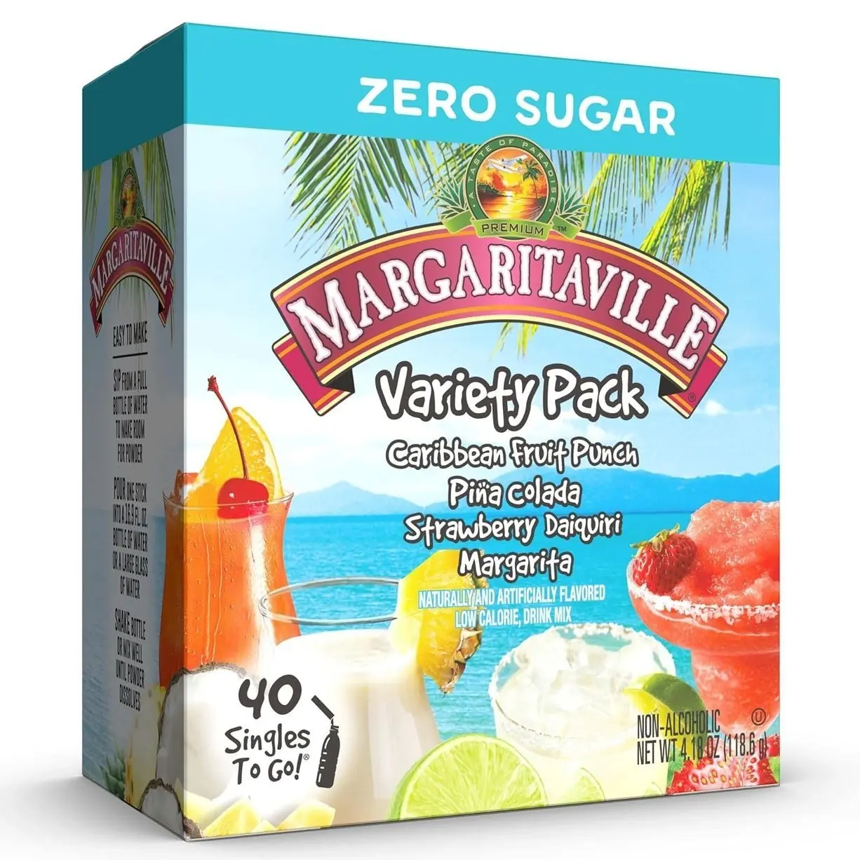 SINGLES TO GO! Margaritaville Water Drink Mix, Variety Pack, Includes 4 Flavors: Caribbean Fruit Punch, Pina Colada, Strawberry Daiquiri, And Margarita,1 Box (40 Single Servings)