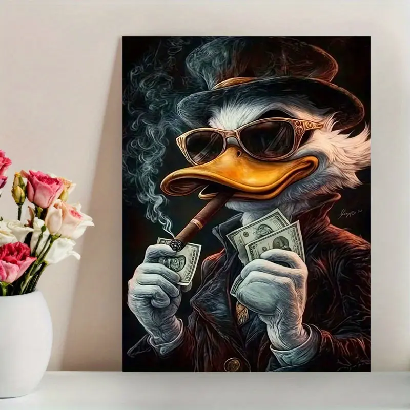 1pc Unframed 12"x16" Canvas Wall Art Poster - Quirky Cartoon Duck in Sophisticated Outfit, Vibrant Print, Unique Creative Home Decor for Living Room, Bedroom