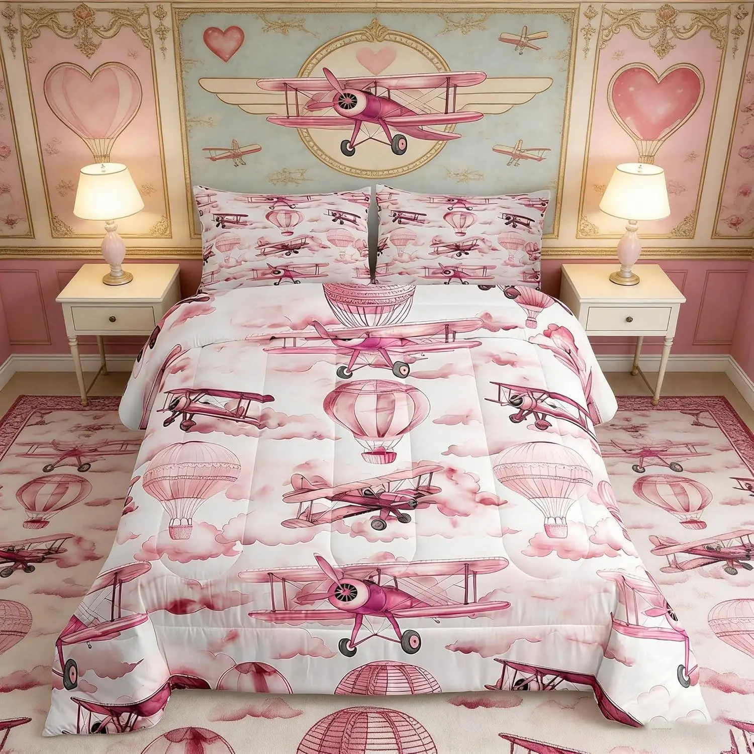 Cartoon Airplane Kids Comforter Set,Hot Air Balloon Clouds Sky Princess Bedding Set,Girls Women Room Decor,Aviation Aircraft Down Comforter,Pink White Duvet Insert