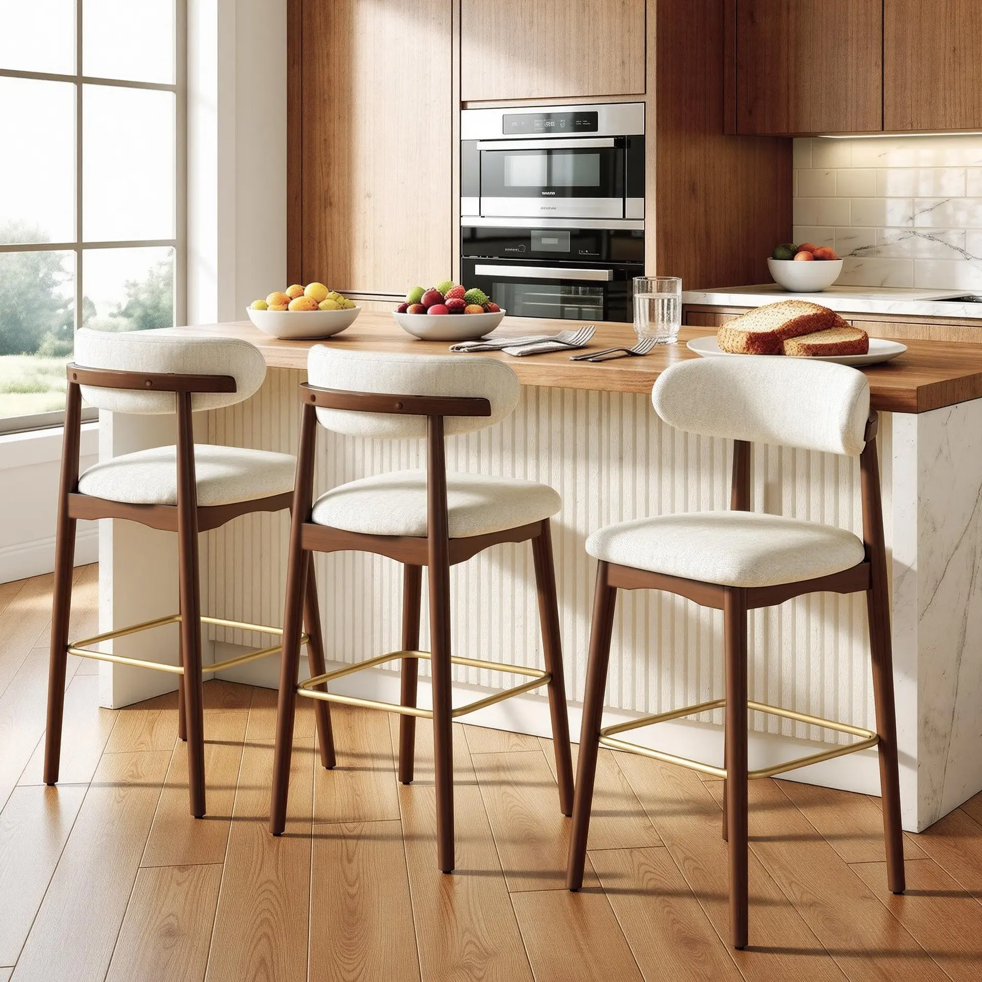 Solid Wood Bar Stools, Set of 2/3/4, Premium Chenille Upholstery with Backrest and Brass-Toned Metal Footrest, Counter-Height Stools for Kitchen Islands, Home Bars, and Pubs