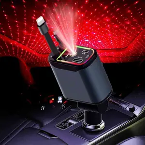 4-in-1 super-fast retractable car roof charger with anti-tangle cables and dual charge ports — Starlight LED roof fast charging adapter for automotive use