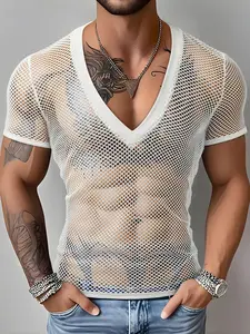 Men's Slim Fit V-Neck Short Sleeve T-Shirt, Breathable Mesh Fabric, Stretchy Soft Material, Fashion Sport Outdoor Wear, Fitness Sport Top, Athletic Active Tops, Fitness Workout Shirt
