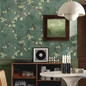 1 Roll 17.7 x 118/197/394 Inches American Vintage Emerald Green Self-Adhesive Wallpaper, PVC Waterproof Peel and Stick Contact Paper, Matte Finish Retro Texture, for Live Streaming Background Wall, Living Room Bedroom Home Renovation, Removable Easy DIY W