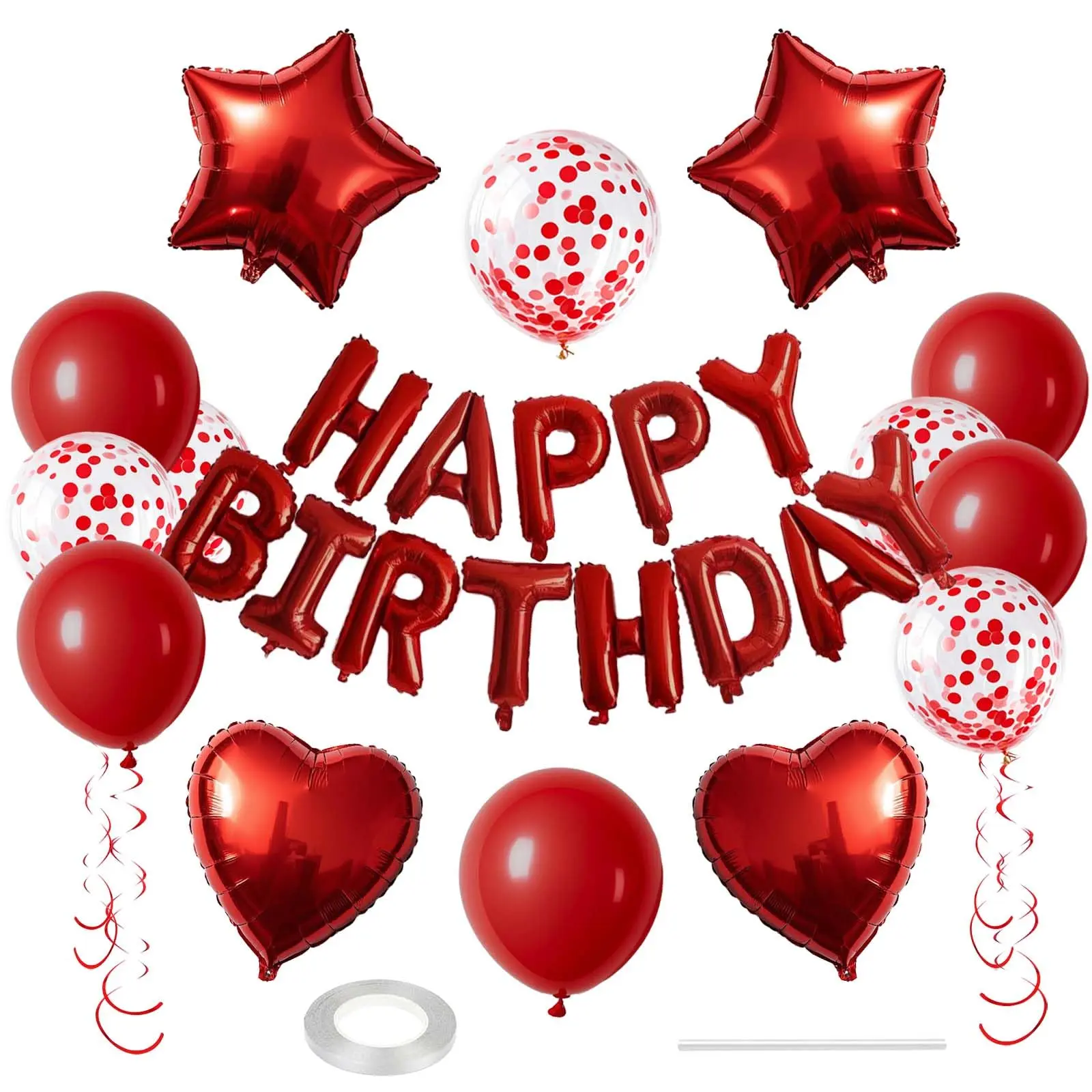 27 Pcs Red Birthday Decorations,3D Foil Red Happy Birthday Balloon Banner,Pentagram Heart Foil Balloons Confetti Balloons Kit For Boys Girls Birthday Party Supplies,Home Supplies