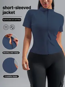 Women's Short Sleeve Zipper Sports Jacket, Slim Fit Stand Collar Gym Top, Sporty Style All Season Wear, Plain Pattern Fabric, Athletic Outerwear