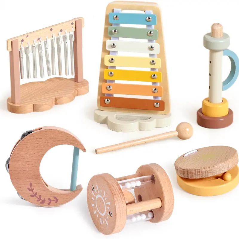 Montessori Natural Wood 5-Piece Percussion Music Set - Xylophone, Tambourine, Finger Castanet, Hand Drum, Phthalate-Free PVC-Free Unisex Toddler Educational Toy for Holidays, Birthdays, Boosts Auditory Skills, Promotes Independent Play