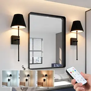 A Set of Modern Wall Lamps Designed for Bedside Use, Featuring Remote Control, Dimming, And Timing Functions, with Three Color Temperature Options. These Rechargeable Wall Lights Have a Vintage American Thick Lampshade, Decorative Wall Light