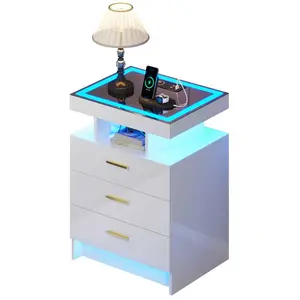 RGB   Auto Lights, High Gloss Bedside Tables  Wireless Charging Station, Night Stand  3 Drawers, Floating LED   Adjustable Brightness/Side Table Nightstand Mirrored Console with Inlay Marble Dining Mobile Standing Desk Wheels coffee