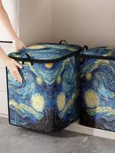 Oil Painting Starry Night Pattern Quilt Storage Bag, Space Saving Bag, Durable Quilt Storage Organizer with Handle, Suitable for Storing Blankets and Toys