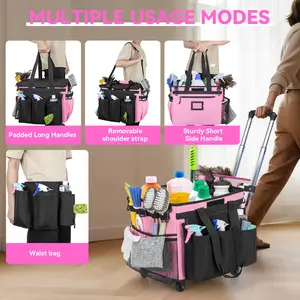 Cleaning Caddy Bag with Wheels, Extra Large Rolling Cleaning Caddy Bag with Detachable Trolley for Housekeepers, Water Resistant Cleaner Supplies Organizer with Wheels for Kitchen, Tool Organizer