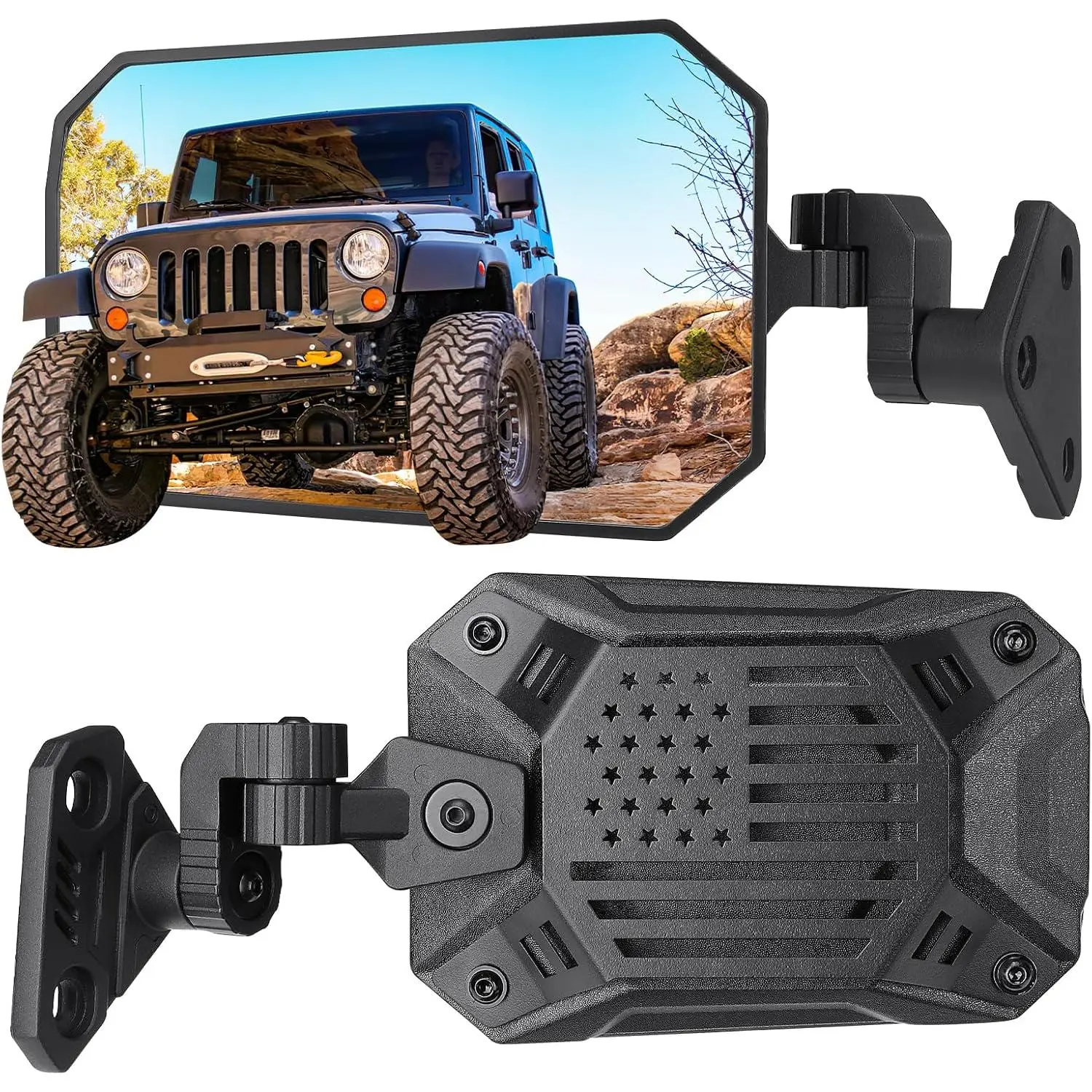 Automotive Non-Door Mount Complete Wing Mirror Replacement, Vehicle Car Accessory for 1997-2018 Wrangler TJ, JK & Unlimited Models (Doors-Off Use), Patented Design, Wider View, Impact Absorbs, No Vibration, No Wobble