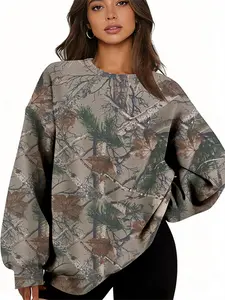Women's Casual Loose Hoodie Pullover, Camouflage Jungle Maple Leaf Printed Warm Sweatshirt, Long Sleeve Hooded Streetwear For Fall Winter Comfort