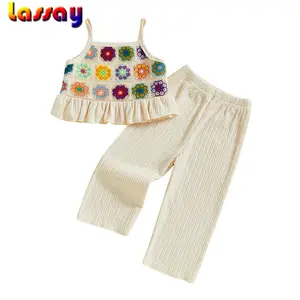 Toddler Girls 2 Piece Outfits Crocheted Flowers/Fruit Ruffled Camisole and Elastic Pants Set Baby Summer Clothes