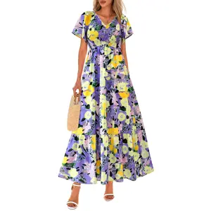 PrettyGarden Women's Boho Dresses Summer Floral Short Sleeve V Neck Smocked Flowy Beach Vacation Maxi Dress