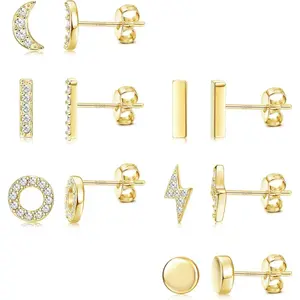 Fansilver 6 PairsStud Earrings Hypoallergenic Earrings Stud Bar Circle CZ Stud Earrings Lightning Bolt Earrings Tiny Stud Earrings Set Cartilage Earrings Studs for Women