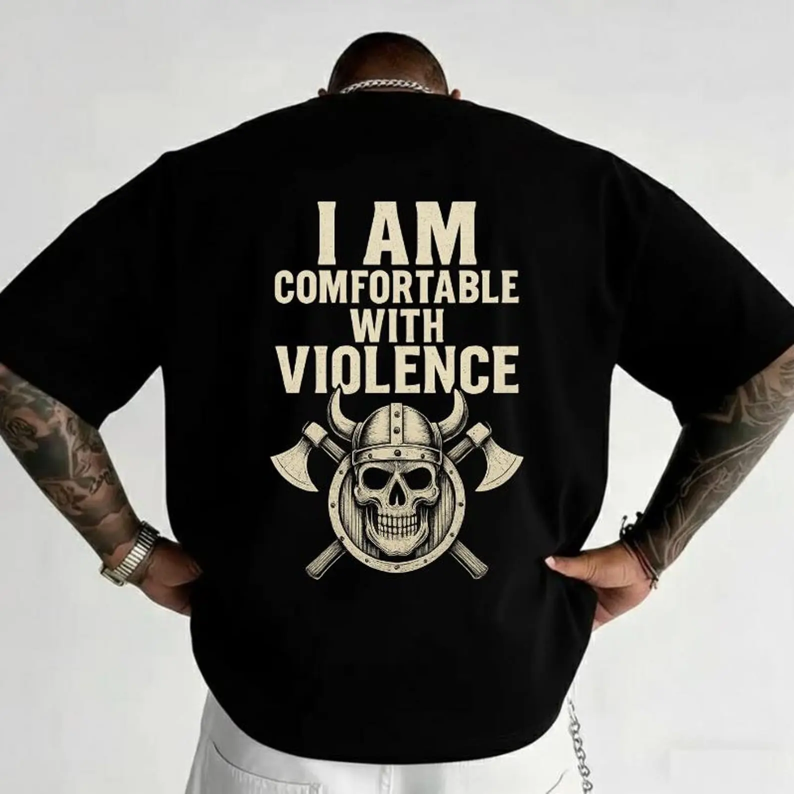 Men's Viking Skull Graphic T-Shirt - Oversized Soft Cotton Tee with Norse Mythology Digital Print, Casual Short-Sleeve Streetwear, Shortsleeve, Menswear