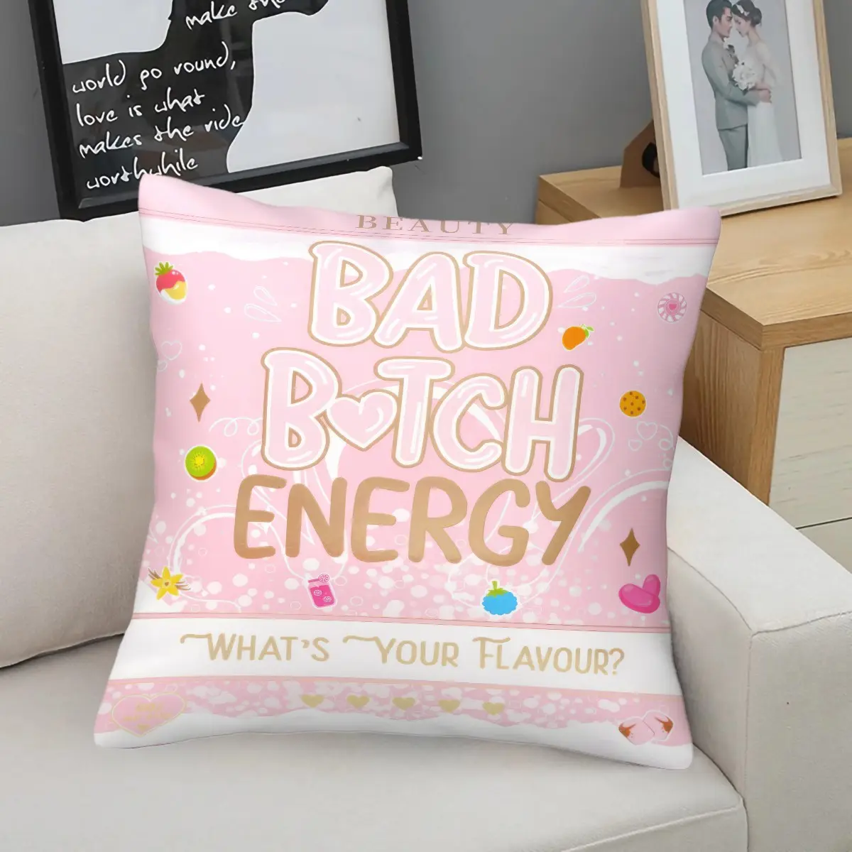 Preppy Pink Bad Bitch Energy Throw Pillow,Girly Sweet Print Decorative Cushion,Fun Y2K Coquette Accent Pillow,Soft Durable Square Pillow for Dorm,Bedroom,Sofa & Apartment Decor,Ideal Birthday Gift for Teen Girls