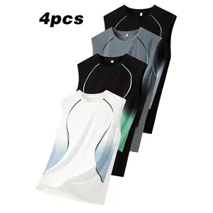 Men’s 4-Pack Breathable Quick-Dry Sleeveless Sports Tank Tops – Moisture-Wicking Gradient Color Design, Crew Neck Fitness Running Training Summer Activewear, Durable Sportswear