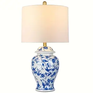 23.6-inch Chinese-style Ceramic Table Lamp With Blue And White Porcelain Design (for Bedside Table)