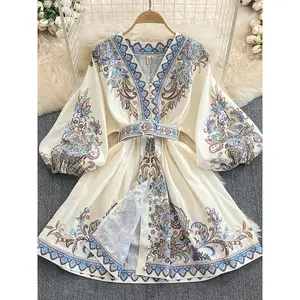 Elegant Paisley Print V-Neck Mini Dress with Lantern Sleeves and Belt Detail - Lightweight Polyester Blend, A-Line Skirt, Perfect for Spring/Summer Casual Wear