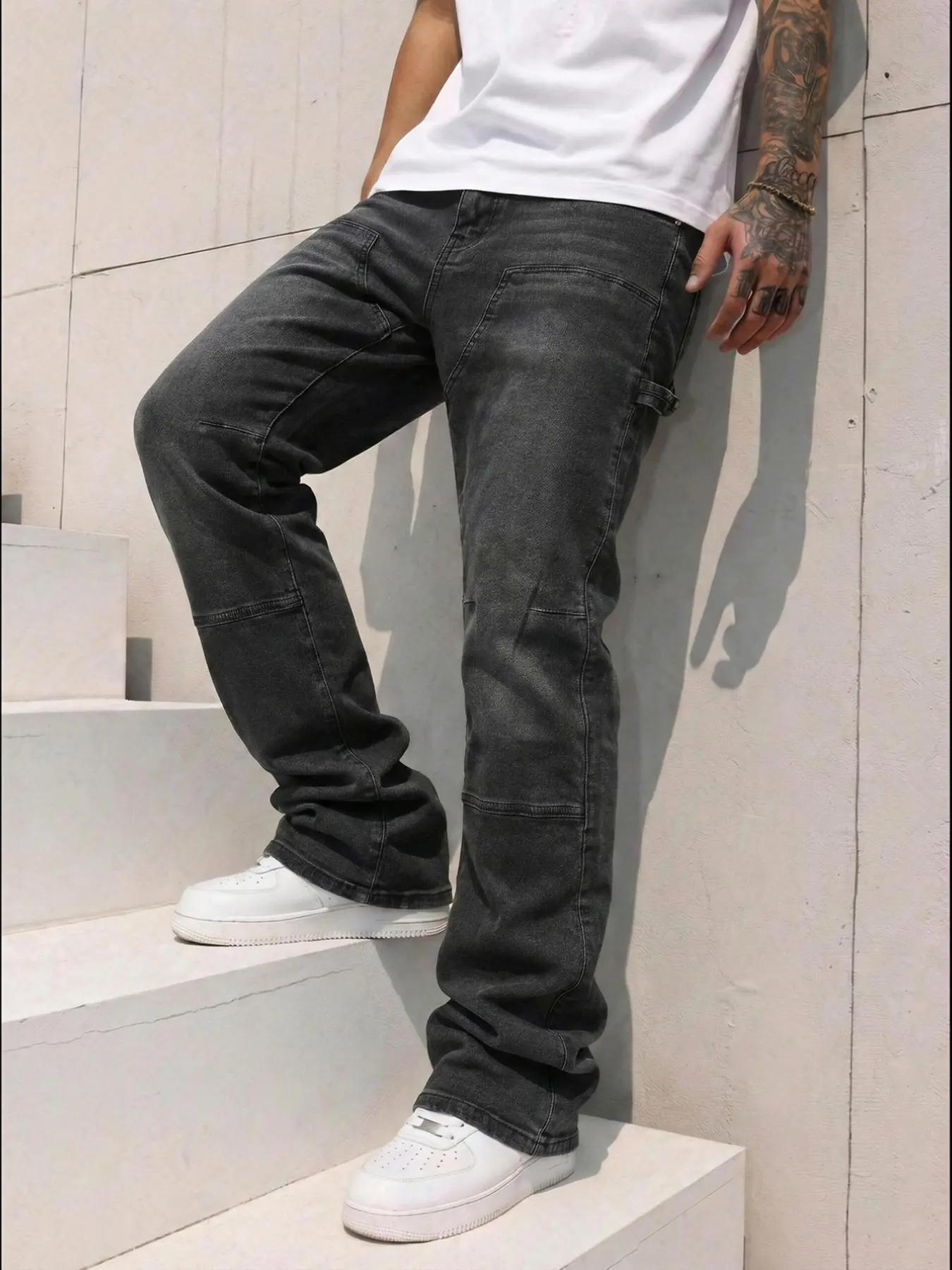 Men's Washed Solid Color Patchwork Elastic Waist Streetwear Trendy Korean Millennium Straight Loose Denim Jeans Baggy Jeans Streetwear