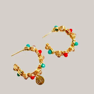 Golden Hoops Handwoven Crystals Hypoallergenic Gold Plated Beads Elegant Handmade Hoop Earrings for Everyday Wear jewellery