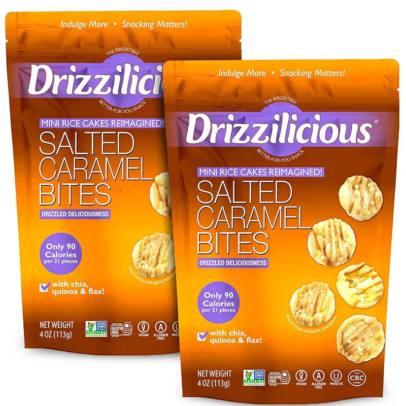 Drizzilicious Mini Flavored Rice Cakes Salted Caramel - Rice Crisps, Healthy Snack for Adults and Kids, Vegan, Gluten Free Snack, Allergen Free, Only 90 Calories Per 21 Pieces - 4 oz (Pack of 2)
