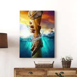 Framed Jesus Christ Canvas Wall Art The Hand Of God Jesus Reaching Into Water Christian Painting Prints Biblical Wall Decor Religious Room Decor For Church Prayer Room Schools Hospitals 12" X 16" Ready To Hang