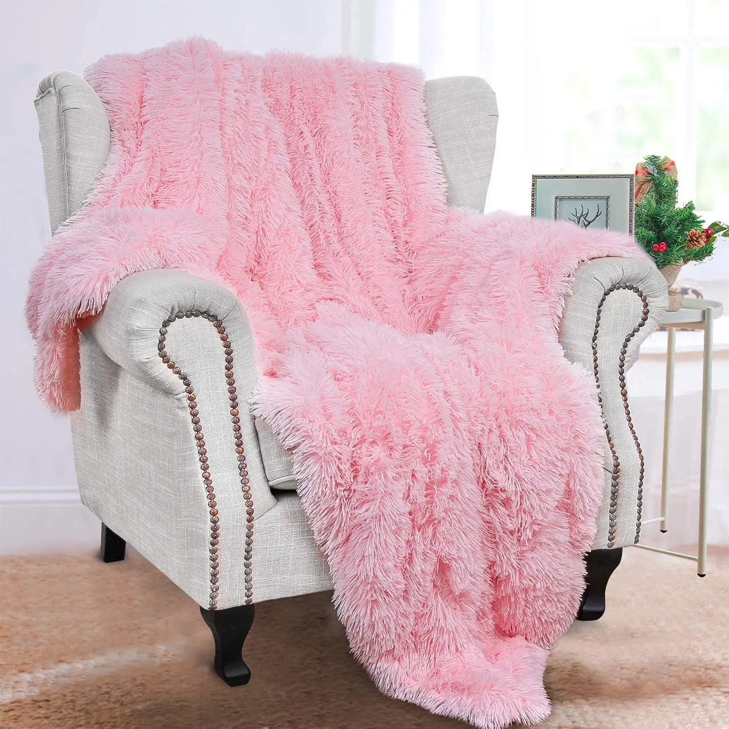 Light Pink Throw Blankets, Soft Shaggy Fuzzy Sherpa Cute  Pink Throw Cozy Fluffy Faux  Blankets for Bed Couch Sofa Washable, 50"x60"