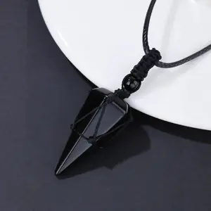 1 Piece Unisex Natural Black Obsidian Cone Pendant Necklace, Spiritual Healing Crystal Adjustable Wax Cord Jewelry for Everyday, Meditation & Halloween Gifts