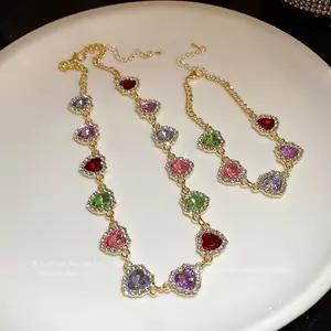 Glam Gold Multicolor Heart CZ Choker Necklace for Women, Colorful Rainbow Gem Heart Pendant Necklace, Y2K Jewelry Gift
