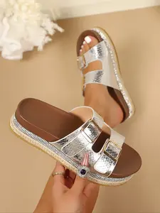 2026 Summer New Retro Thick Sole Slippers, Couples' Luxury Casual Sandals, Snake Pattern Metal Finish, Dual Buckle Design, Daily Wear