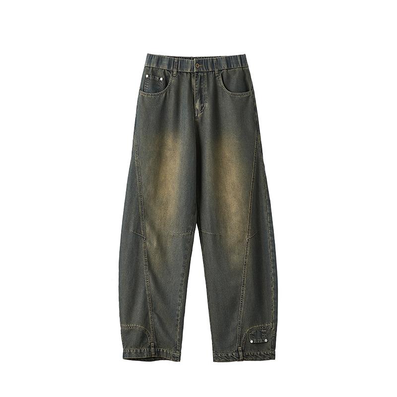 Men’s summer American vintage casual jeans, loose wide-leg curved cut, Lyocell fabric, comfortable fit