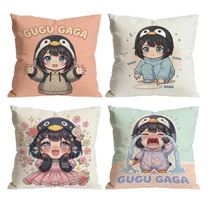Set of 4 Peach & Beige & Mint GUGUGAGA Penguin Girl Throw Pillow Covers | Cute Chibi Waving & Crying Decor for Room Bedroom Chair Car Sofa Couch 0328YE