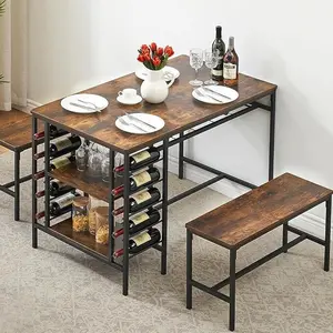 Dining Table Set for 4 People, Kitchen Table with 2 Benches, Dining Room Table Set with Wine Rack and Storage Shelf for Homes, Apartments, Small Kitchens，Retro