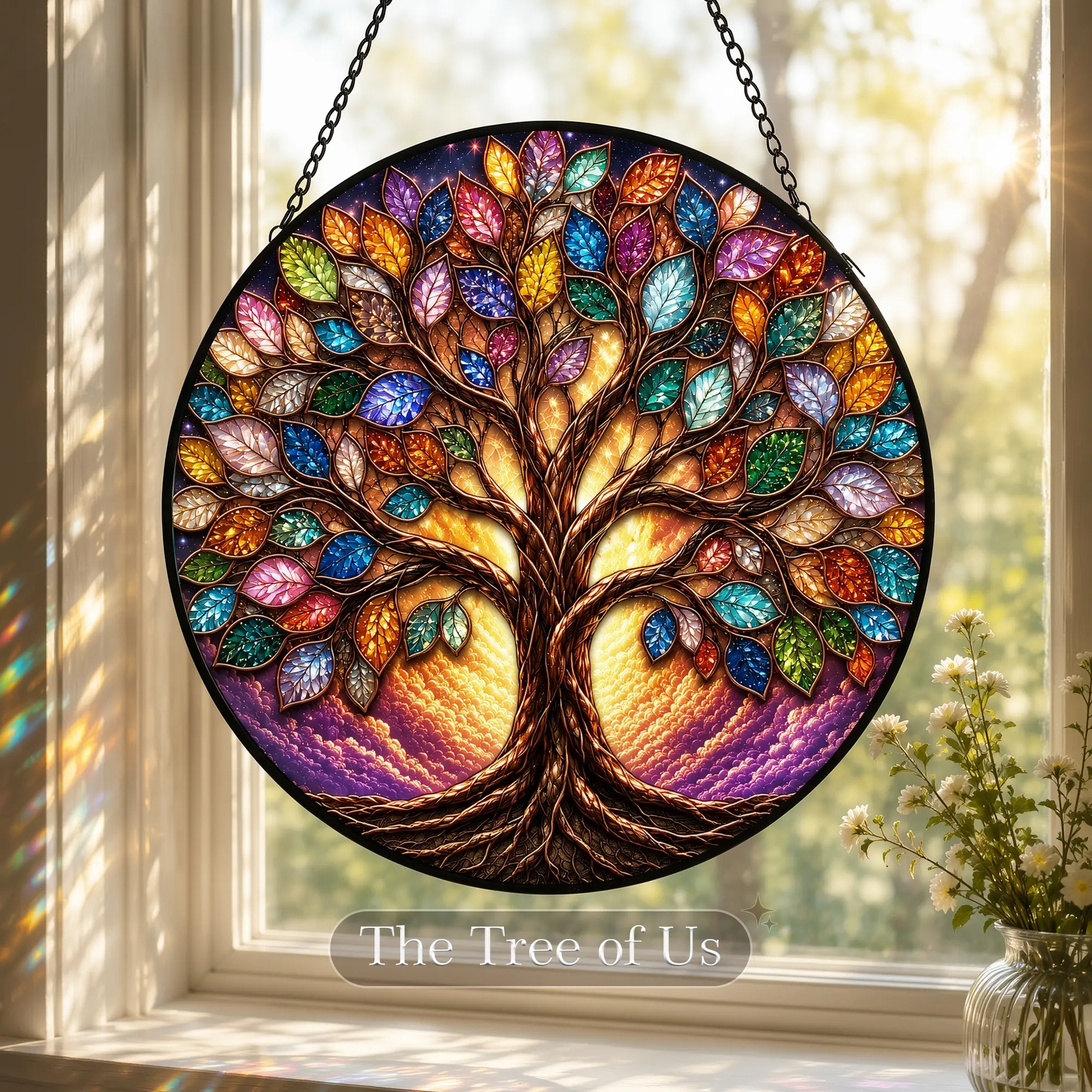 Tree of Life Stained Glass Suncatcher, Family Tree Window Hanging Decor, Colorful Nature Art Gift, Meaningful Home Decoration