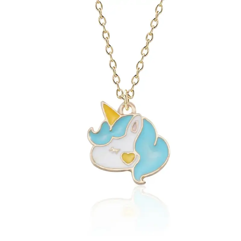 Unicorn head with blue hair yellow heart necklace
