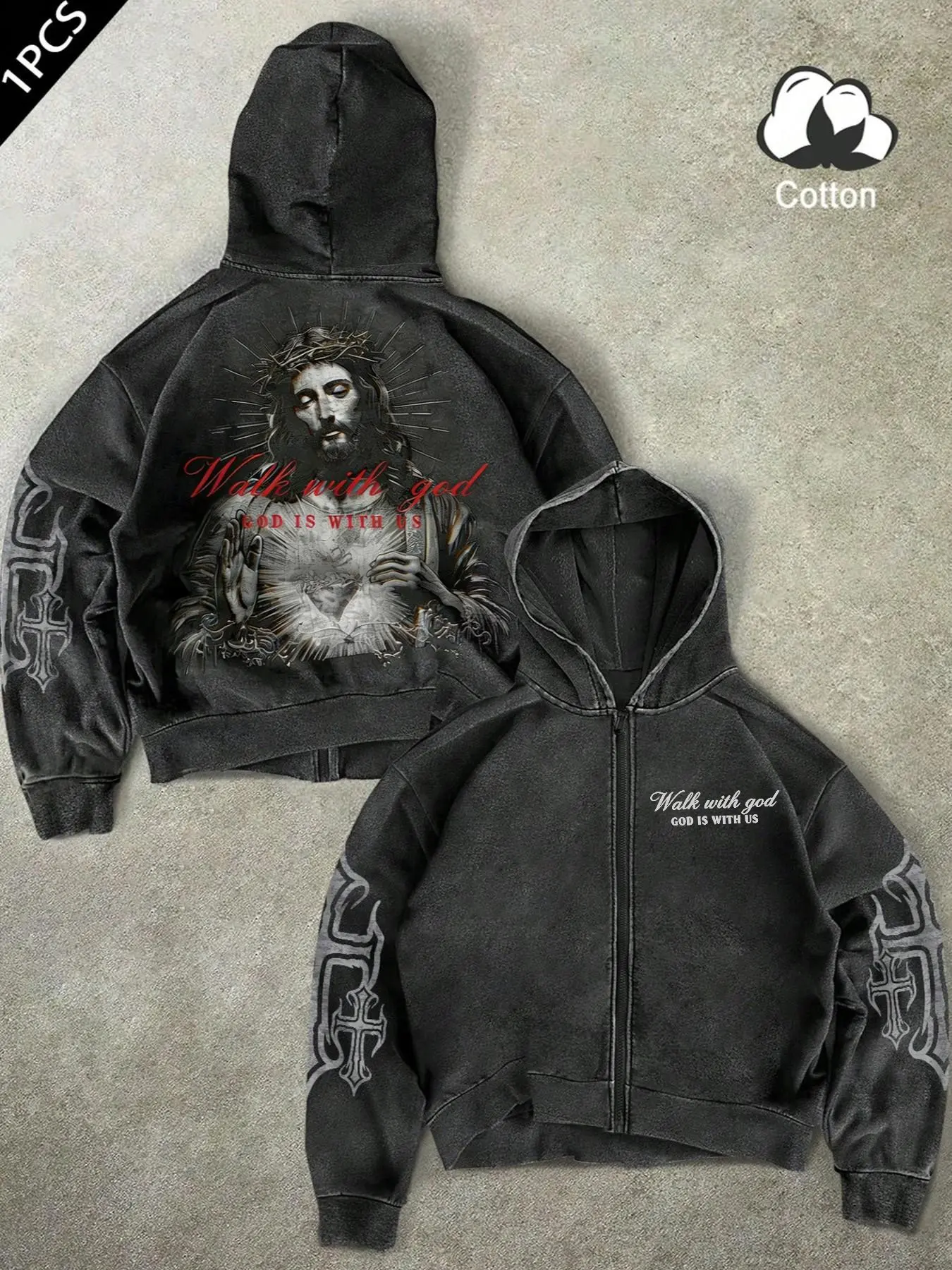 Unisex design, Vintage, Dark-themed Jesus and Walking with God slogan print on retro-American-style washed cotton with zipper hoodie, Sweatshirts, Perfect for spring and autumn, Suitable for Christian attire, Ideal for casual, everyday