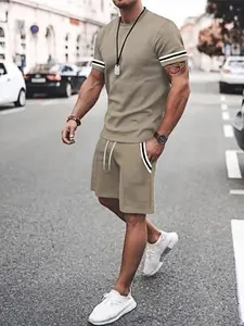 Two-Piece Set?Men's Contrast Binding Tee & Drawstring Waist Shorts Set, Quality and Comfort?Casual Short Sleeve Round Neck T-shirt & Pocket Track Shorts, Summer Outfits Clothes Set for Men