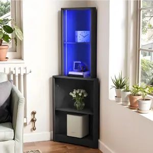 5-Tier Corner Shelf with LED Light, Bar Cabinet Corner Bookshelf and Bookcase for Home, Black