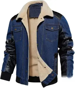 INVACHI Men's Denim Jaceket Vintage Fleece Lined Lapel Trucker Jacket with Leather Patchwork