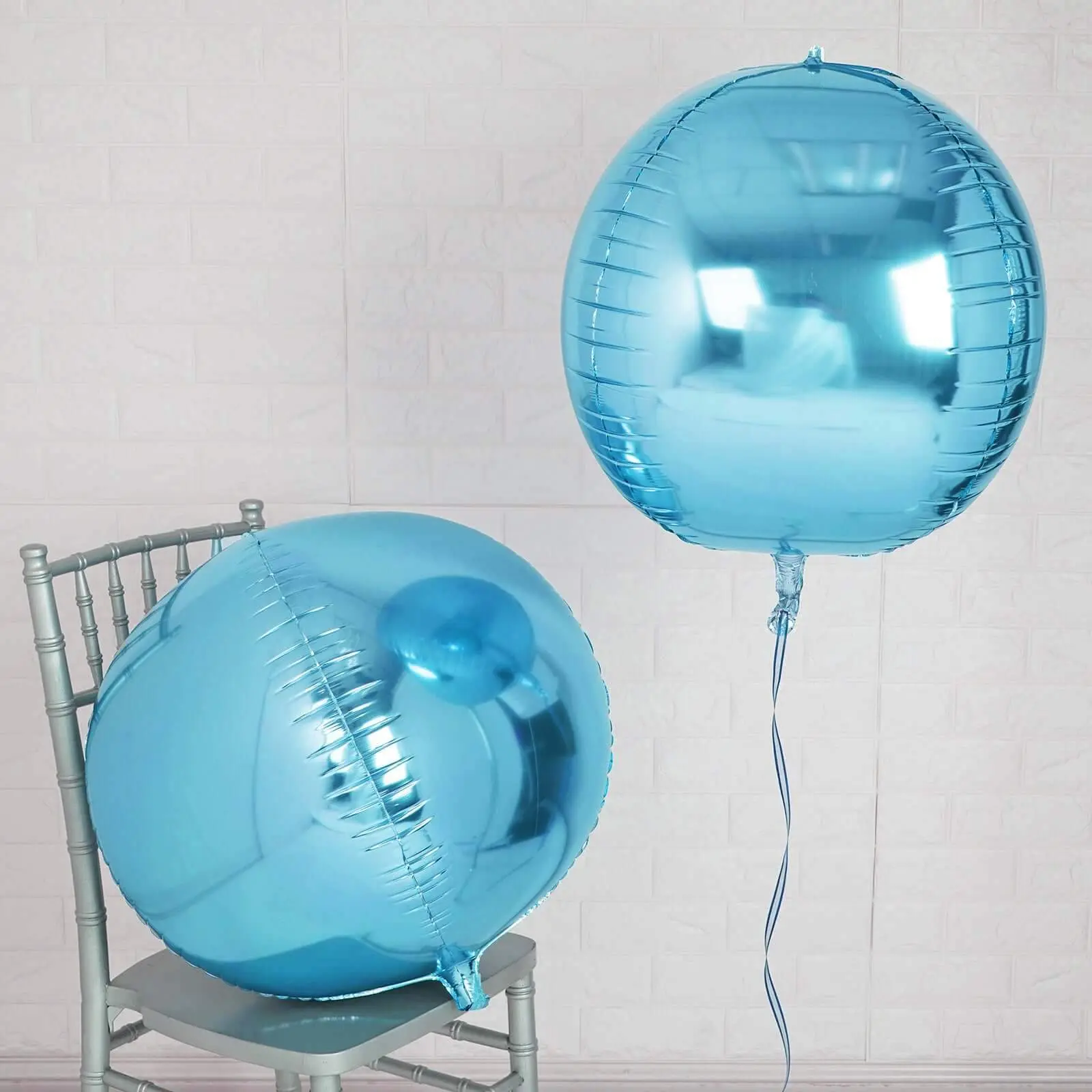 18" 4D Metallic Blue Sphere Mylar Foil Balloons, 2-Pack Festive Decorations Supplies for Helium or Air Inflation