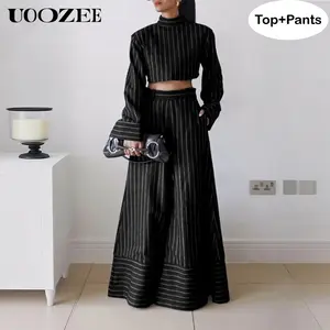 UOOZEE Women's 2-Piece Slim Striped Suit - Turtleneck Long-Sleeve Back-Zipper Top, Wide-Leg Pocket Pants for Lady, Spring Autumn Casual Office Wear,summervibes