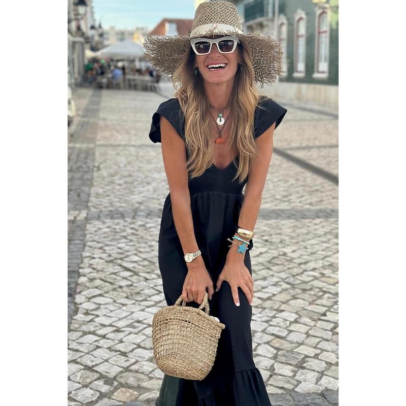 Black V Neck Flutter Sleeve Smocked Bodice High Waist Ruffle Maxi Dress