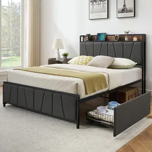 Garvee Full Size Bed Frame with Storage Headboard and 2 Drawers, Linen Upholstered Platform Bed Frame with Charging Station, Heavy Duty, No Box Spring Needed, Easy Assembly, Noise Free, Grey&Brown