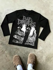 Men's Slim Fit Long Sleeve Graphic T-Shirt, Streetwear, Single-Sided Print, Fear Expression, Style, All Seasons, Casual Daily Wear, Unisex