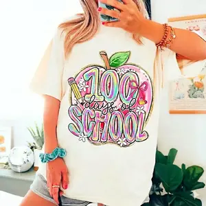 100 Days of School Preppy Apple Shirt, Retro Teacher T-Shirt, Cute School Doodles Graphic Top for Women, 100th Day Celebration Outfit, Back to School Fashion, Fun Teacher Gift