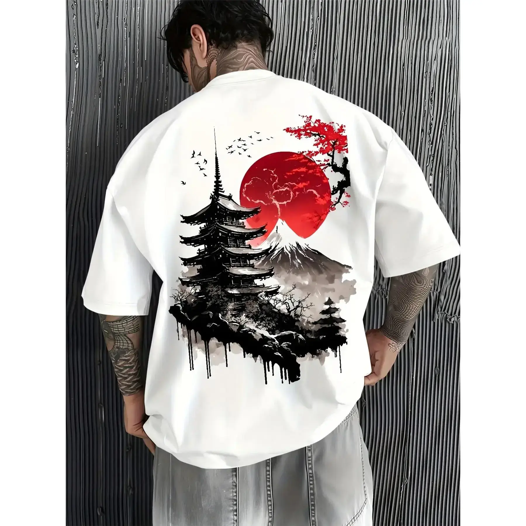 Men's Classic Cotton Fabric Short-Sleeve Round Neck Oversized T-Shirt, Japanese Art Print - Pagoda, Mount Fuji, Red Sun Graphic, Casual Streetwear Sports TopSunset Valley Store1